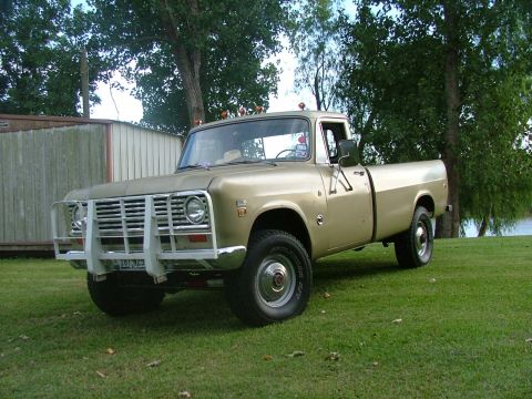 1975 International Scout II - This 1975 International Scout II pickup truck features a prominent white bull bar and is parked on a grassy area near trees and water.