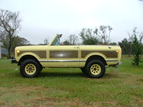 1975 International Scout II - A yellow 1975 International Scout II with wood paneling is parked on a grassy field under an overcast sky.