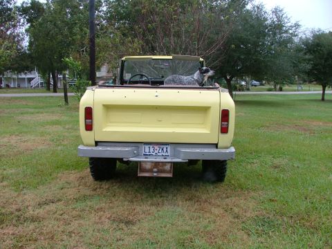 1975 International Scout II - Rear view of a yellow 1975 International Scout II convertible pickup truck parked on a grassy lawn.