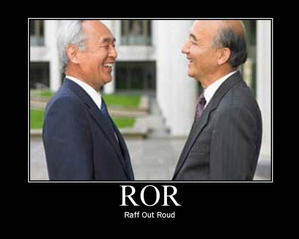 two men in suits laughing at each other, with text "ROR Raff Out Roud" and "SUPERMOTORS" logo below