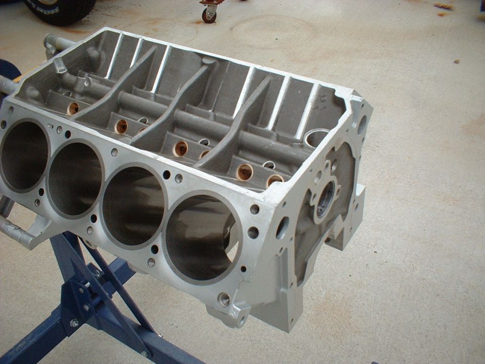 Aluminum engine block on stand