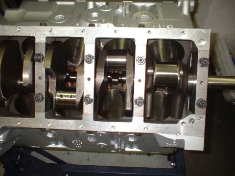 1969 Mercury Cyclone - The internal components of an engine block, including the crankshaft, are visible in this close-up view.