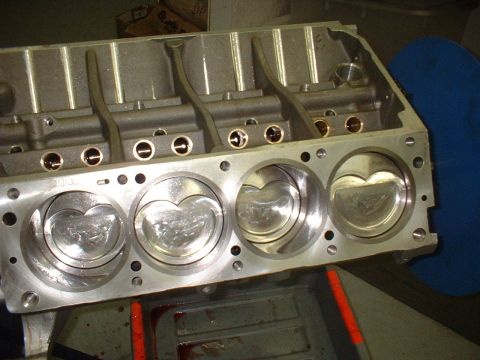 1969 Mercury Cyclone - Close-up view of an engine block's cylinder bores and pistons, ready for assembly.