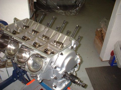 1969 Mercury Cyclone - A disassembled engine block is shown on a stand, revealing its internal structure and components.