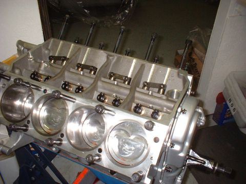 1969 Mercury Cyclone - Close-up view of an aluminum engine block, revealing internal components like pistons and valve train.