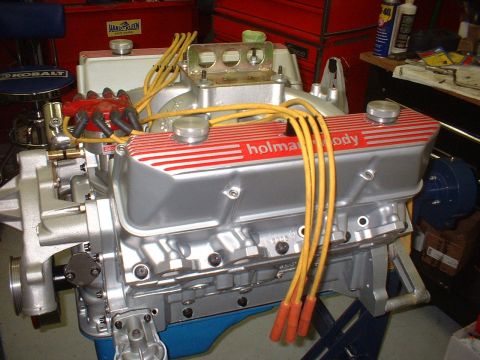 1969 Mercury Cyclone - A Holman Moody branded engine sits on a stand, ready for installation.