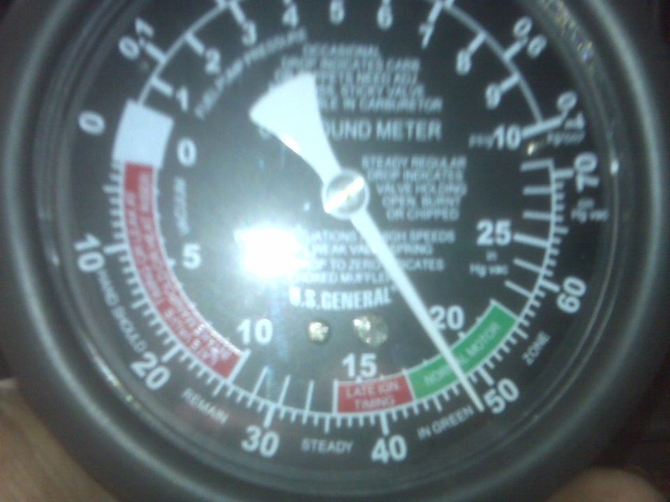 Vacuum meter gauge with needle pointing to approximately 15, showing engine timing and motor zone.