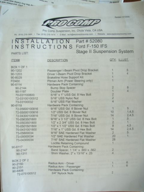 1994 Ford Bronco - This is a close-up image of a Pro Comp Stage II Suspension System installation instruction document for a Ford F-150 IFS. The document list…