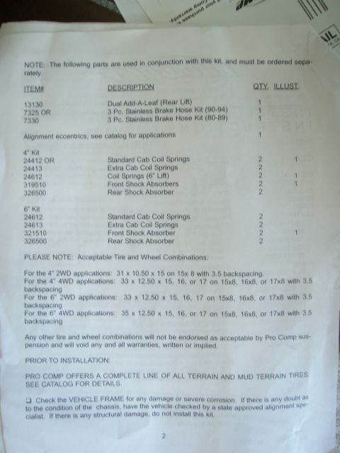 1994 Ford Bronco - A document listing parts for a 1994 Ford Bronco, including descriptions, item numbers, and quantities. It also provides acceptable tire and…