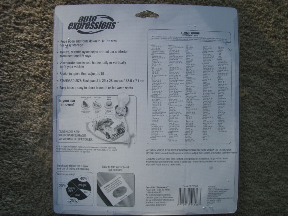 Product packaging for Auto Expressions sunshades with features and sizing guide