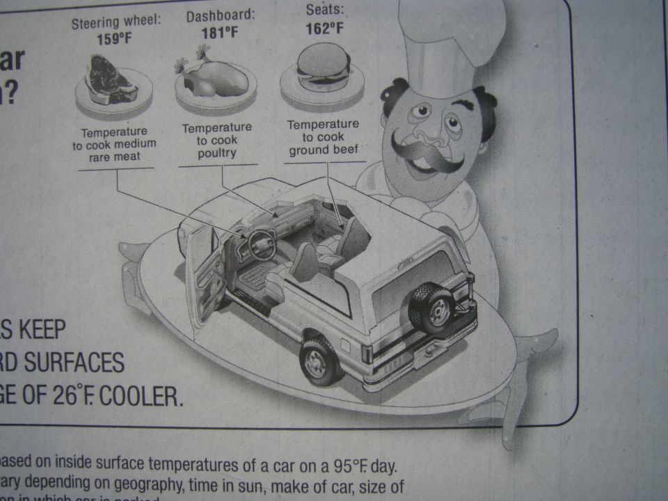 Diagram showing interior of a 1994 Ford Bronco with temperatures for steering wheel, dashboard, and seats.