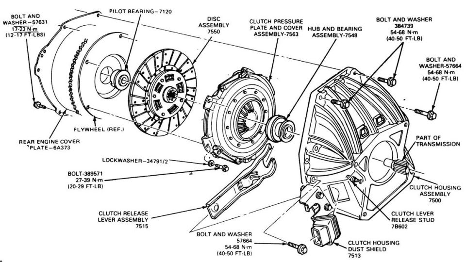 Exploded clutch assembly diagram with flywheel disc pressure plate and bellhousing