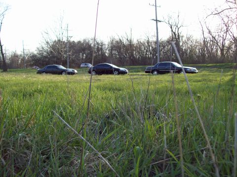 1999 Mercury Grand Marquis - A dark sedan is parked on the side of a grassy area with trees in the background. Another dark sedan is visible further down the grassy are…