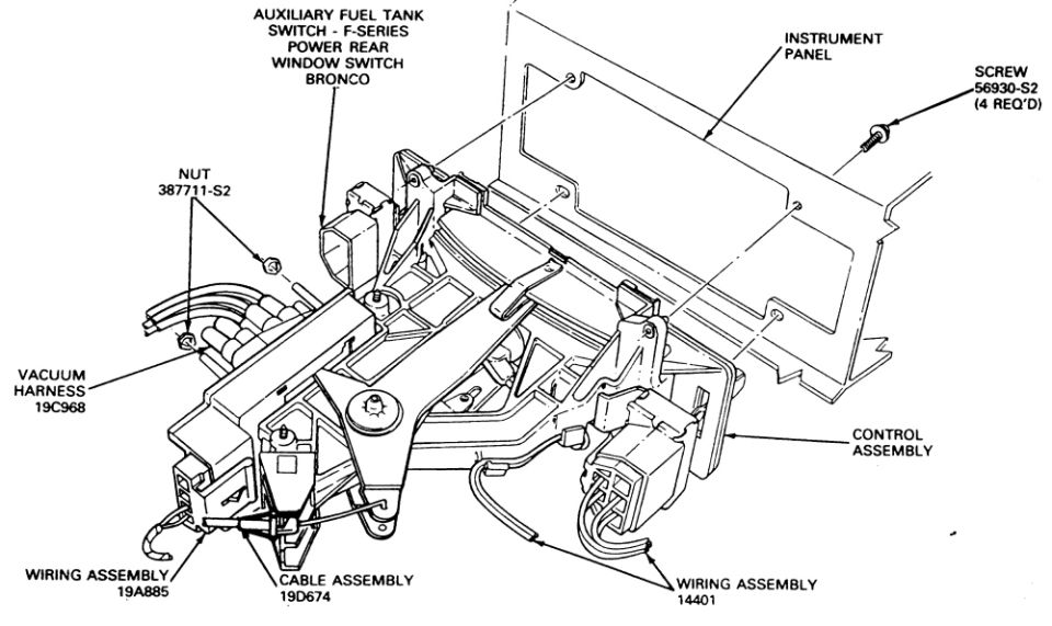 Ford diagram of instrument panel control assembly with auxiliary fuel tank switch and wiring callouts