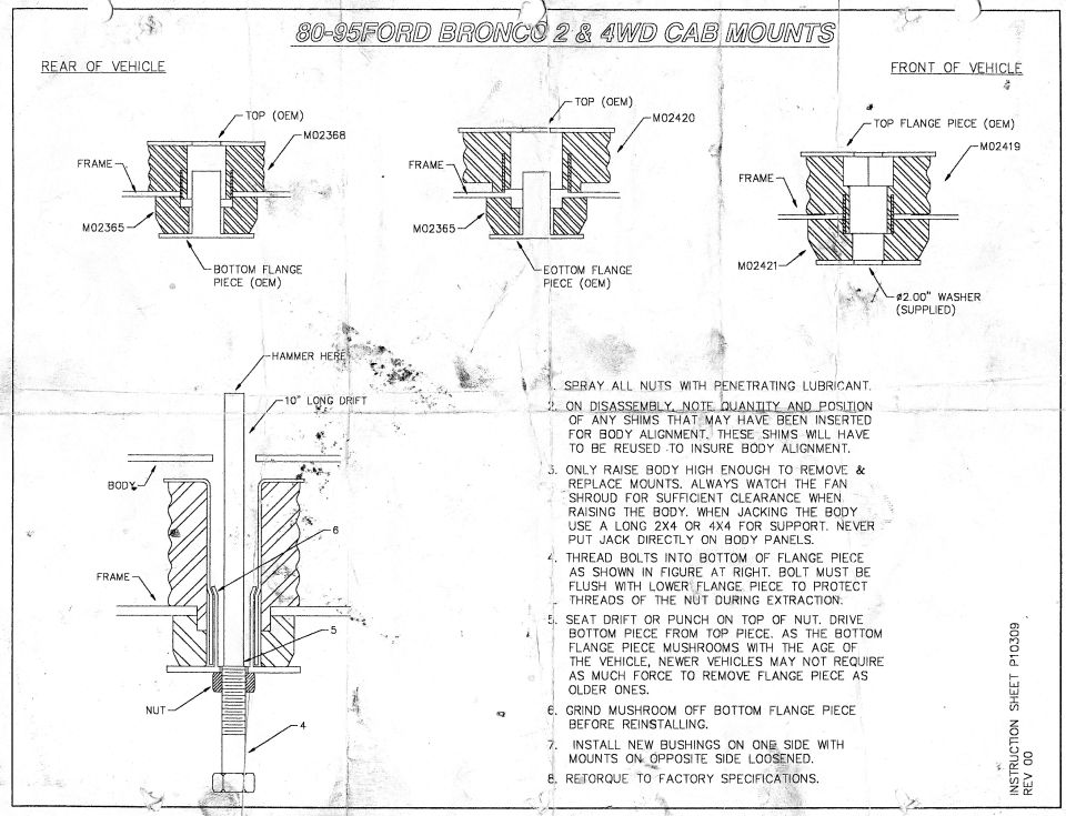 Scanned diagram titled 80-95 Ford Bronco 2 & 4WD cab mounts with cross-sections and instructions