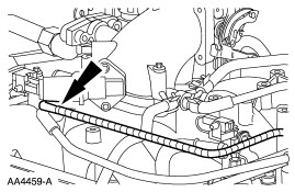 2007 Ford Mustang - Service illustration of an underhood area with a directional arrow indicating a specific hose or component.