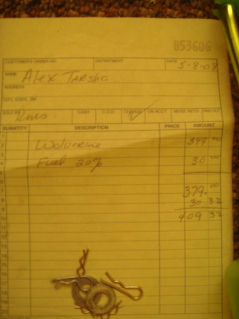 1992 Ford Bronco - A receipt details a purchase for 'Wolverine' and 'Fuel 20%', along with some assorted hardware. The date on the receipt is May 8, 2008.