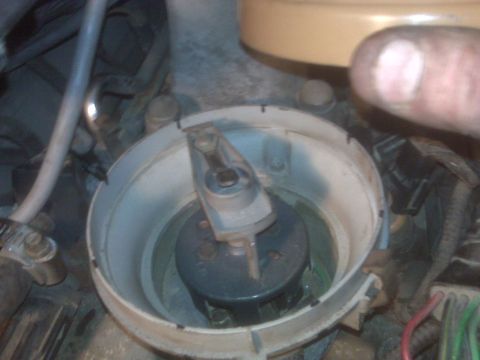 1995 Ford Bronco - Close-up of a vehicle's distributor cap and rotor, with a finger obscuring part of the view.
