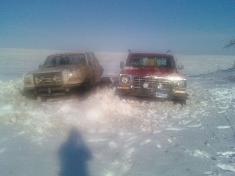 1978 Ford F-150 - Two pickup trucks are stuck in deep snow on a clear day.