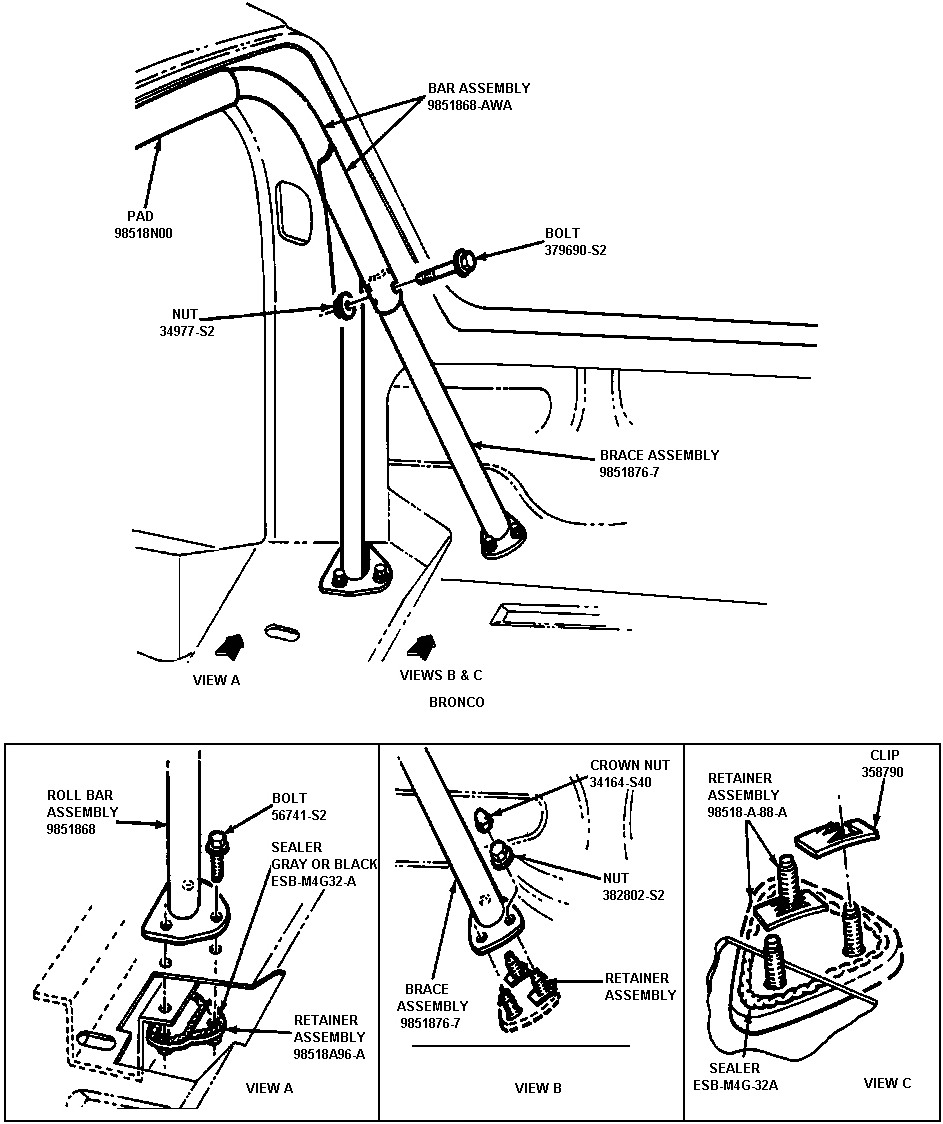 Ford Bronco roll bar assembly line diagram with bolt, nut, and brace part numbers
