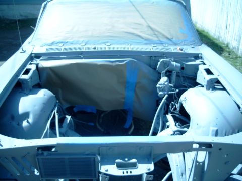 1967 Ford Galaxie - Engine bay of a 1967 Ford Galaxie is masked off and ready for paint.