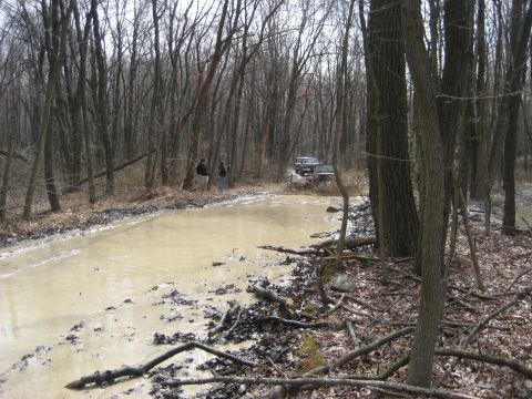 1991 Ford Bronco - Off-road vehicles navigate a challenging muddy path surrounded by bare trees.