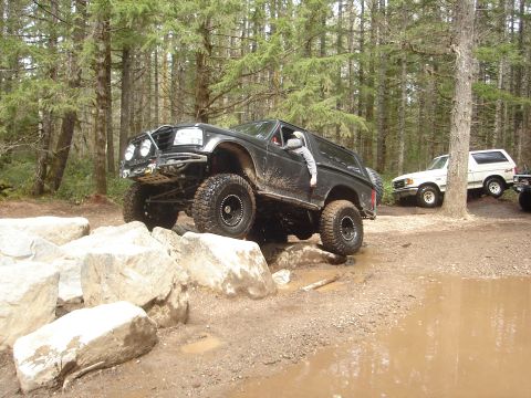 1989 Ford Bronco - A modified black Ford Bronco navigates a rocky obstacle course in a wooded area, with other vehicles nearby.
