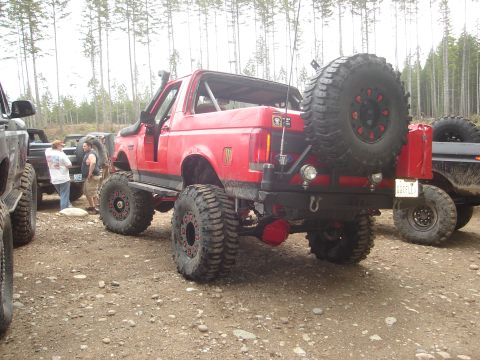 1989 Ford Bronco - Modified 1989 Ford Bronco parked outdoors with other vehicles and trees in background.