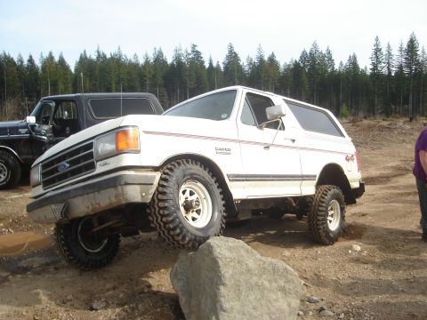 1989 Ford Bronco - Two Ford Broncos are shown off-roading on a dirt path with trees in the background.
