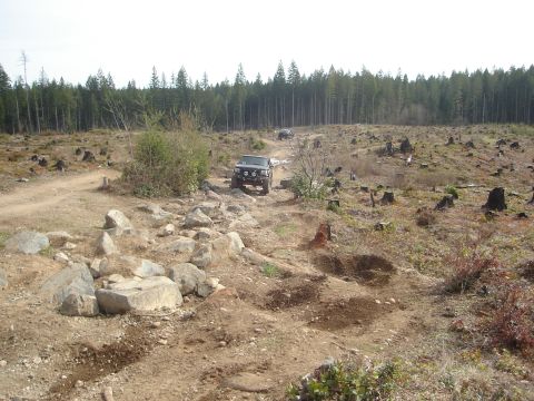 1989 Ford Bronco - Two SUVs navigate a challenging off-road course through a logged forest.