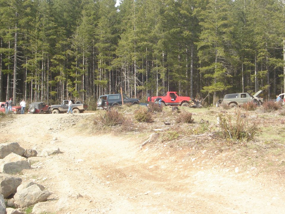 1989 Ford Bronco and other SUVs parked on a dirt road with trees in background