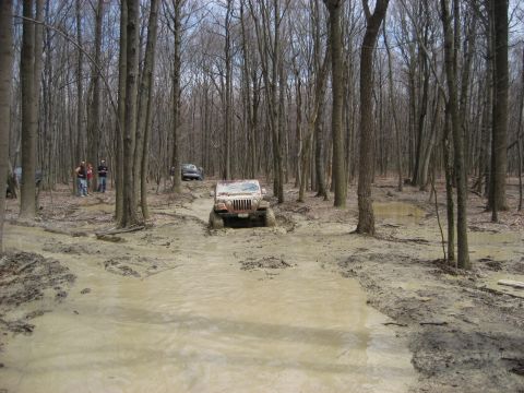 1991 Ford Bronco - A Jeep Wrangler navigates a challenging muddy trail in a wooded area with other vehicles and people present.