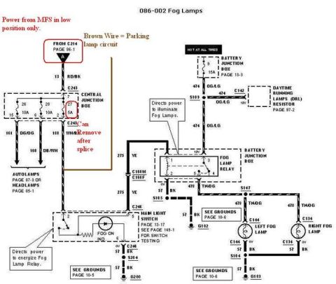 2007 Ford Mustang - Wiring diagram for fog lamps showing the fog lamp relay, central and battery junction boxes, switch, and left/right fog lamps with annotati…