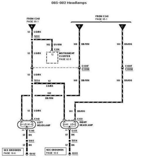 2007 Ford Mustang - Wiring diagram for headlamps showing left and right headlamp connectors, instrument cluster, grounds, and color-coded circuits.