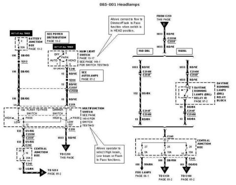 2007 Ford Mustang - Automotive wiring diagram for the headlamp circuit showing the main light switch, multifunction switch, DRL relay and color-coded wires.