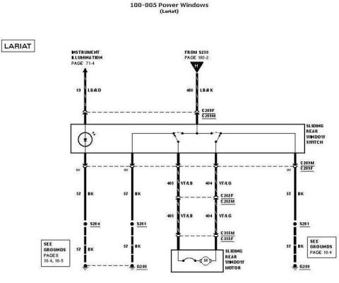 2007 Ford Mustang - Automotive wiring diagram for the Lariat power windows showing the sliding rear window switch, motor and color-coded circuits.