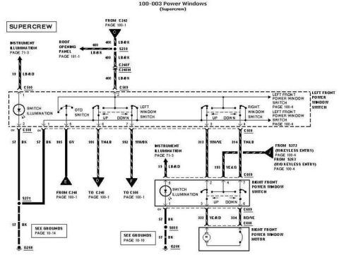 2007 Ford Mustang - Automotive wiring diagram for SuperCrew power windows showing front window switches, motors and color-coded circuits.
