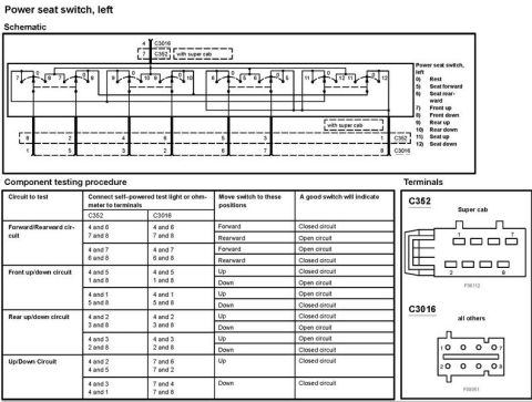 2007 Ford Mustang - Schematic of the left power seat switch with connector pinout views and a component testing procedure table for circuit continuity.