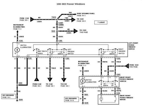 2007 Ford Mustang - Automotive wiring diagram for power windows showing left and right window switches, motors and color-coded circuits.