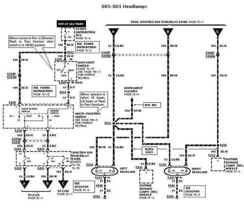 2007 Ford Mustang - Automotive wiring diagram for the headlamps showing left and right headlamps, the DRL module and color-coded circuits.