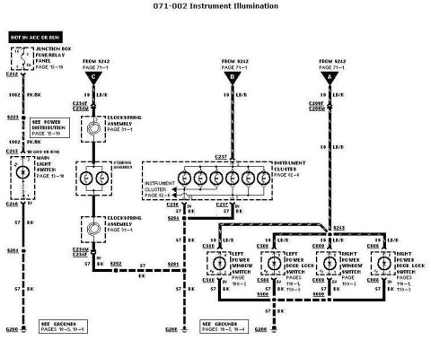 2007 Ford Mustang - Automotive wiring diagram for instrument illumination showing the clock spring assembly, instrument cluster and power window/door switches…
