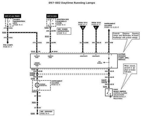 2007 Ford Mustang - Automotive wiring diagram for daytime running lamps showing the DRL module, headlamps and park brake switch with color-coded circuits.