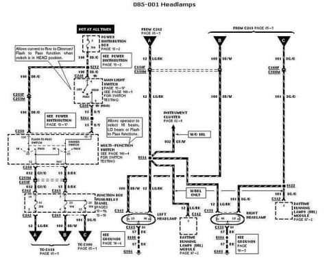 2007 Ford Mustang - Automotive wiring diagram for the headlamps showing the main light switch, left and right headlamps and DRL module with color-coded circuit…