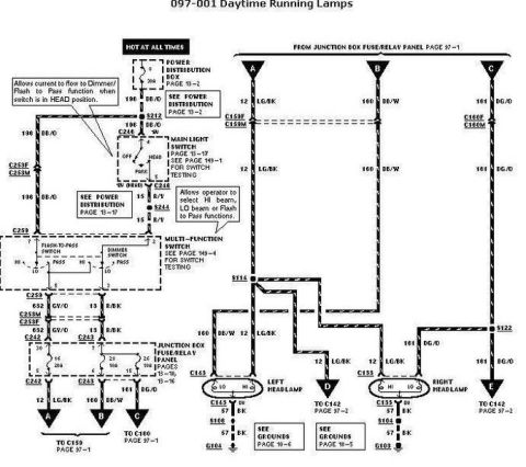 2007 Ford Mustang - Automotive wiring diagram for daytime running lamps showing the fuse/relay panel, main light switch and left and right headlamps with color…