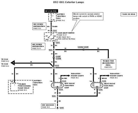 2007 Ford Mustang - Automotive wiring diagram for exterior lamps showing front park/turn lamps and the trailer tow lamp relay with color-coded circuits.