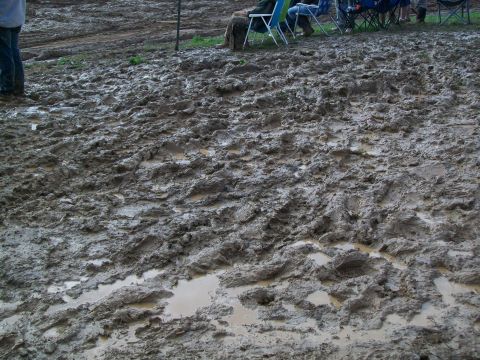 1979 Ford F-250 - The ground is covered in thick mud and tire tracks, with several puddles of water visible.