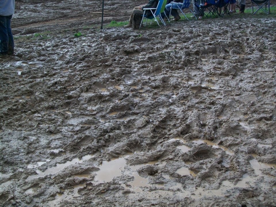 Muddy ground with tire tracks and puddles