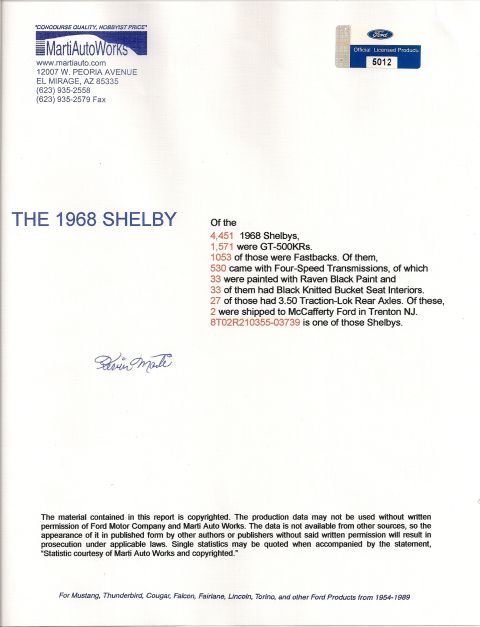 1968 Shelby GT500 - This document provides production data for the 1968 Shelby GT500 model.