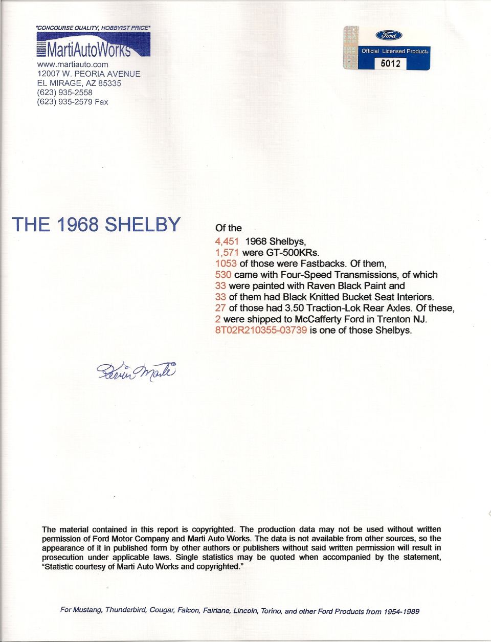 Marti Auto Works report for a 1968 Shelby GT-500KR with VIN listed