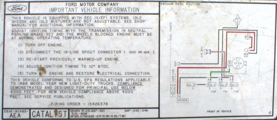 Ford 5.0L emission decal with vacuum hose routing and firing order 15426378, code E6AE-9C485-AEA